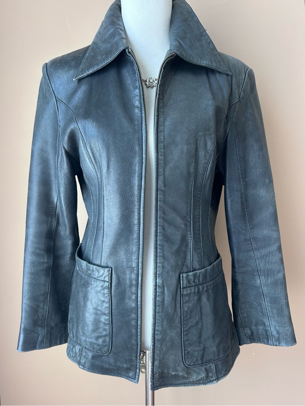 Vintage 90s Wilson's Leather Black Leather Zippered Jacket Wide Collar Size S